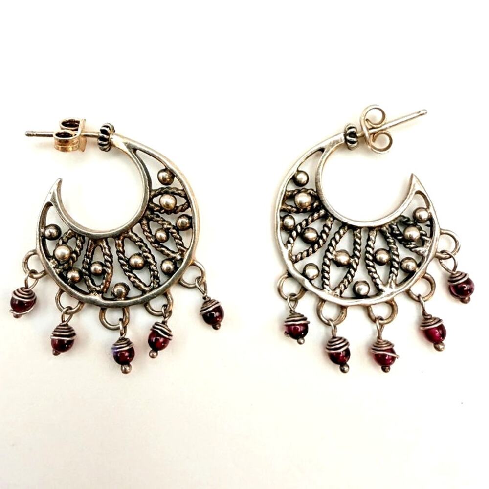 Sterling Silver 925 Filigree Crescent Earrings Garnet Bead Dangle Mexico